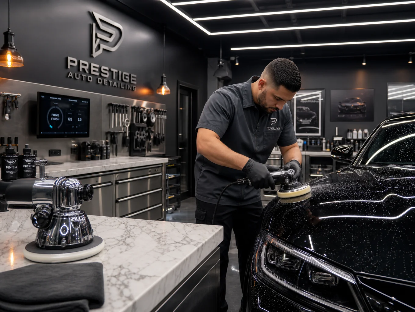 Vehicle undergoing precision rotary machine polishing under focused studio inspection lighting