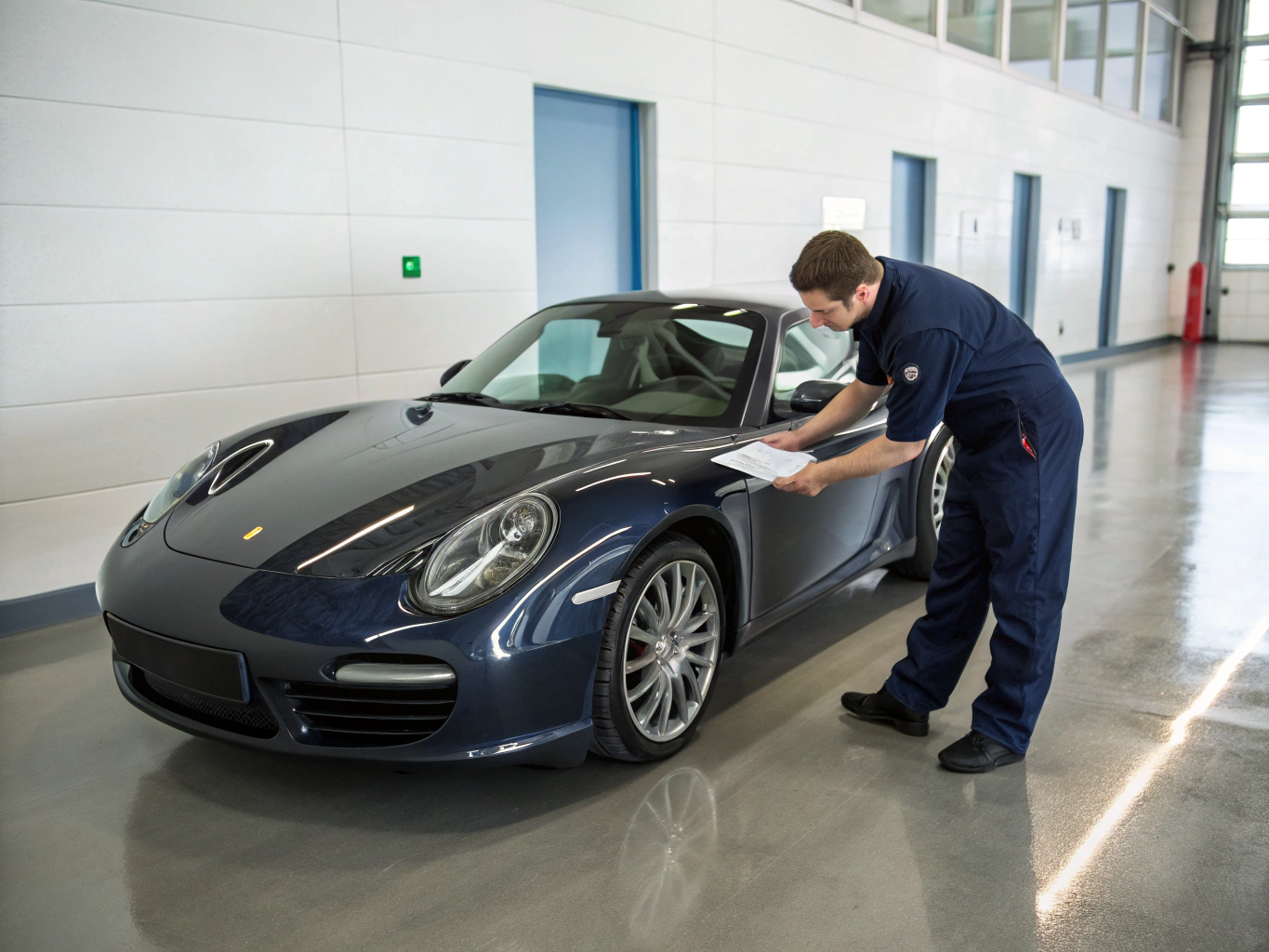 Detailed clear coat gloss refinement on sports coupe inside cleanroom garage bay