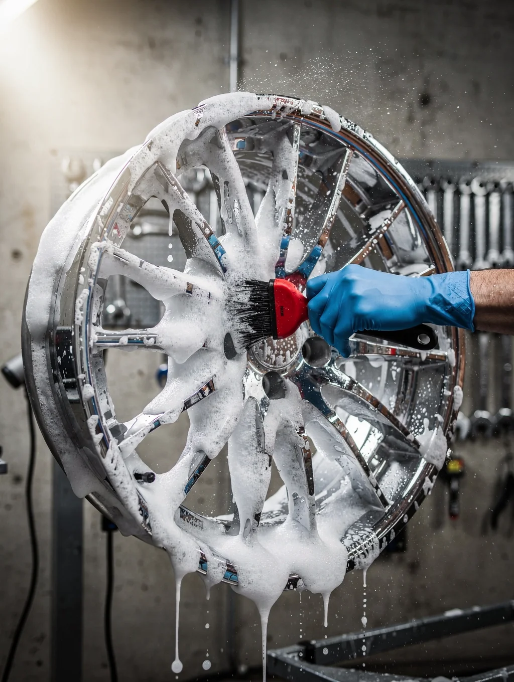 High-density foam pre-soak applied to vehicle wheels and bodywork in detailing bay