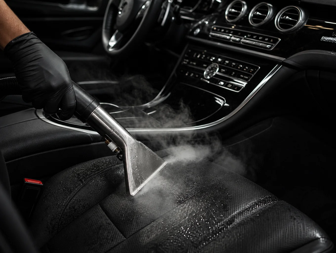 Precision steam extraction and brush agitation on vehicle leather bolsters