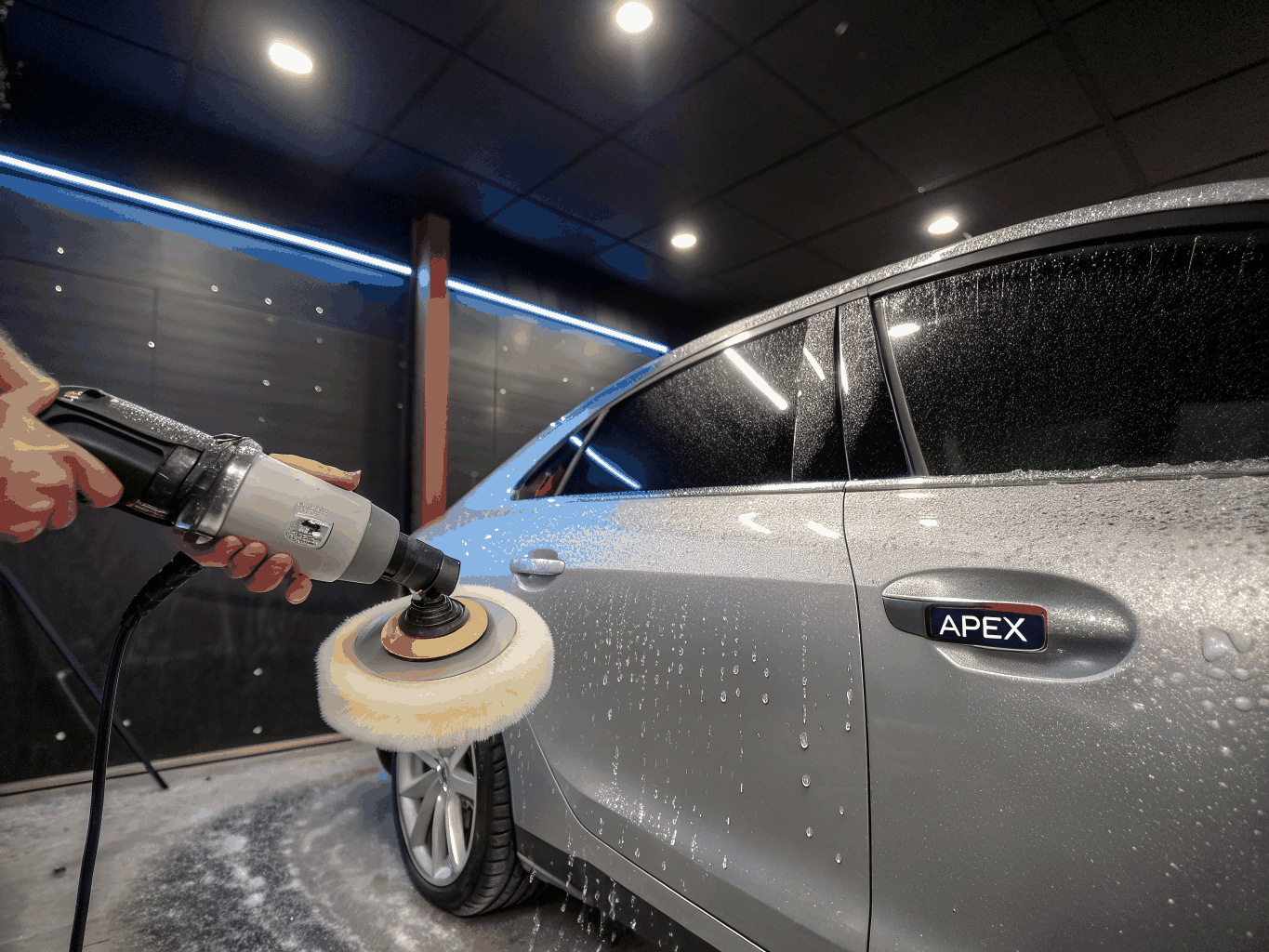 Rotary polisher eliminating swirl marks on black vehicle panel under high-CRI studio inspection lighting