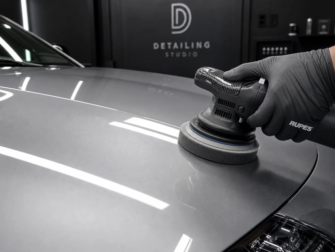 Rotary polisher swirl elimination under studio inspection lights